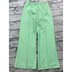 60s 70s Shamrock Gingham Plaid Flare Bell Bottom Wide Leg Knit Pants Green Vtg